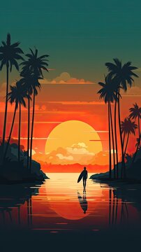 Silhouette of surfer people carrying their surfboards on sunset beach. Generative AI