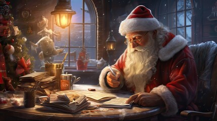 Santa Claus holding letter on wooden table with gift boxes and Christmas tree and cup of hot coffee. Generative AI