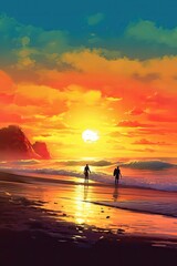 Silhouette of surfer people carrying their surfboards on sunset beach. Generative AI