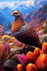 Fototapeta premium Quail in nature at mountain valley. Generative AI