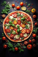 Naklejka na ściany i meble Margherita pizza vegetarian dish on black stone surface background. Generative AI