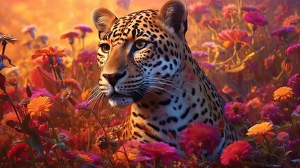 Fototapeta na wymiar Jaguar in field of wild flowers. Generative AI