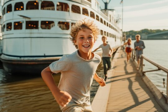 Lifestyle portrait photography of a glad kid male running against a scenic riverboat background. With generative AI technology