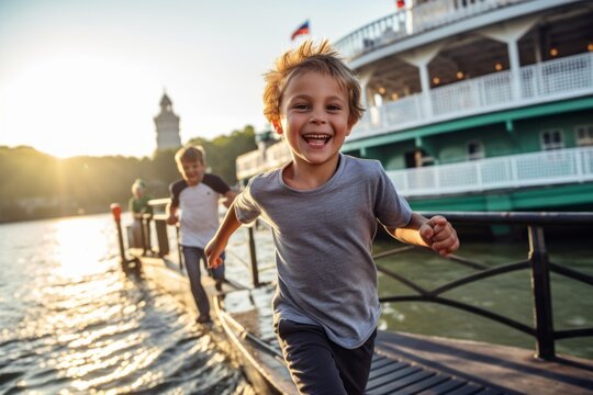 Lifestyle portrait photography of a glad kid male running against a scenic riverboat background. With generative AI technology