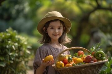 Medium shot portrait photography of a glad kid female harvesting fruits or vegetables against a tranquil japanese garden background. With generative AI technology