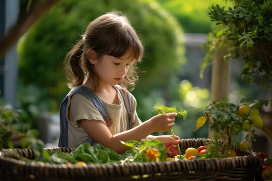Medium shot portrait photography of a glad kid female harvesting fruits or vegetables against a tranquil japanese garden background. With generative AI technology