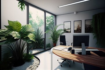 office with tropical plants and water features, creating a serene environment, created with generative ai