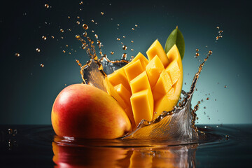 Fototapeta na wymiar Juicy mango and splashes of juice