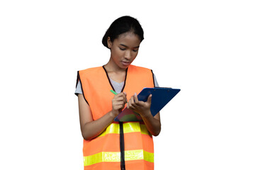 Female worker working with clipboard on white background. Young female warehouse worker wearing...