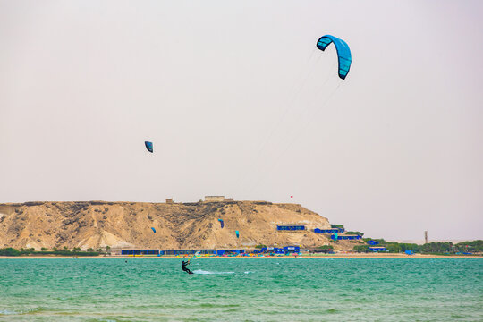 Dakhla, Morocco - 22 June 2022 : People Practicing Kitesurf on the Beach of Dakhla in the south of Morocco