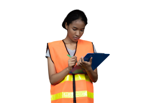 Female worker working with clipboard on white background. Young female warehouse worker wearing safety uniform on white background