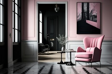 a pink armchair in a room with black-and-white flooring and modern art, created with generative ai