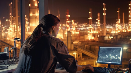 Obraz premium Backside of woman petrochemical engineer working at night with laptop Inside oil and gas refinery plant industry factory at night for inspector safety quality control, Generative AI