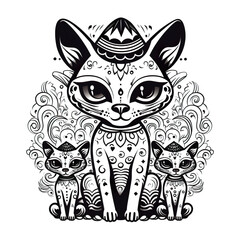 A black and white drawing of a cat and two kittens. Generative AI.