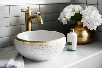 Naklejka na ściany i meble a round white wash basin with vintage brass faucet, creating a historical and minimalist look, created with generative ai