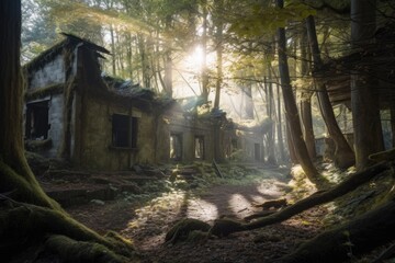 abandoned and historical structures in the forest, with trees and sunlight shining through, created with generative ai