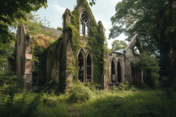 Obraz premium abandoned church, with broken windows and peeling paint, surrounded by overgrown foliage, created with generative ai