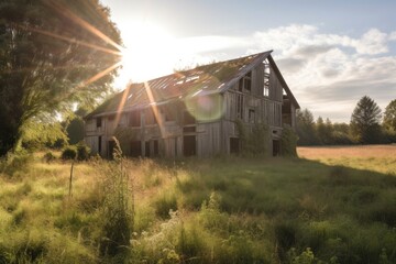 old barn, with sun streaming through broken windows, surrounded by overgrown fields, created with generative ai