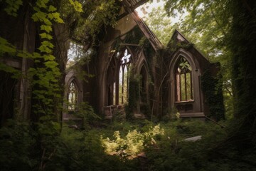 abandoned church, with broken windows and peeling paint, surrounded by overgrown foliage, created with generative ai