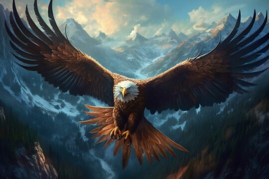 A majestic eagle soaring high above the mountains and valley. generative AI
