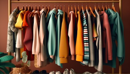 AI Generated. AI Generative. Vintage color vibrant cloth rack with clothing on. Sale marketing promotion store. Graphic Art