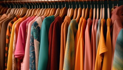 AI Generated. AI Generative. Vintage color vibrant cloth rack with clothing on. Sale marketing promotion store. Graphic Art