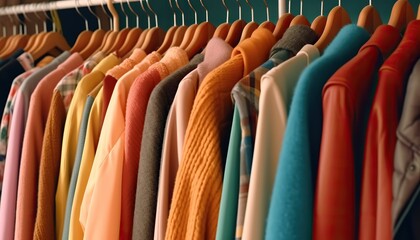 Obraz premium AI Generated. AI Generative. Vintage color vibrant cloth rack with clothing on. Sale marketing promotion store. Graphic Art