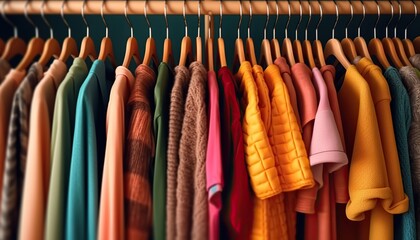 AI Generated. AI Generative. Vintage color vibrant cloth rack with clothing on. Sale marketing promotion store. Graphic Art