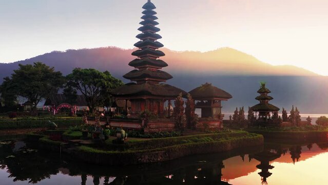 Ulun Danu Beratan Temple in Bali - Bali's Iconic Lake Temple, is both a famous picturesque landmark and a significant temple complex on the western side of Beratan Lake. Bali, Indonesia 4K