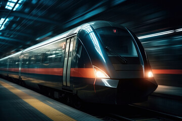 Naklejka premium High-speed train in movement with motion blur, AI Generated