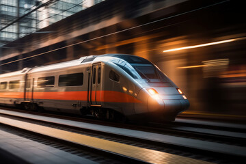 Fototapeta na wymiar High-speed train in movement with motion blur, AI Generated