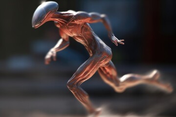 Fototapeta na wymiar close-up of alien athlete jumping, with blurred background and motion blur, created with generative ai