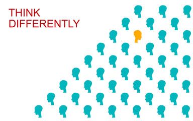 yellow head right facing in group of blue heads facing left for infographic. used for presentation, information layout, and banner. Think differently concept.