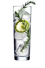A gin and tonic in a long drink glass with ice, lemon and rosemary, isolated (Generative AI, Generativ, KI) - obrazy, fototapety, plakaty