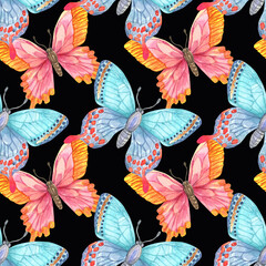Watercolor set pattern of butterfly isolated on black  background. Handpaiting watercolor illustration on white background.