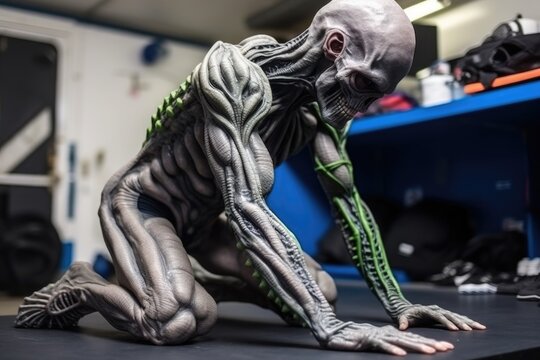 alien athlete preparing for next round of competition, stretching and warming up, created with generative ai