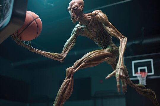 alien basketball player jumping for slam dunk with his long, spindly legs in the air, created with generative ai