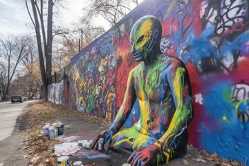 alien figure with spray paint cans, creating colorful and vibrant mural on city wall, created with generative ai