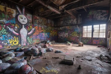 alien graffiti artist spray-painting colorful mural in abandoned warehouse, created with generative ai