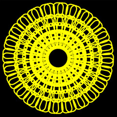 Original vector pattern in the form of a yellow mandala located in a circle on a black background