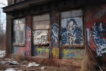 alien graffiti on abandoned building, with broken windows and peeling paint, created with generative ai