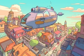 humongous spaceship floating above futuristic city with flying cars and hoverboards in the streets, created with generative ai