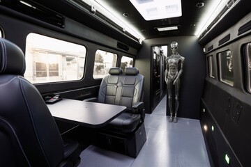 alien official, traveling in sleek and spacious shuttle to meeting with otherworldly officials, created with generative ai