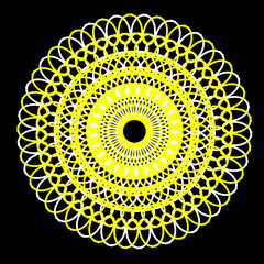 Original vector pattern in the form of a mandala of yellow and white flowers located in a circle on a black background