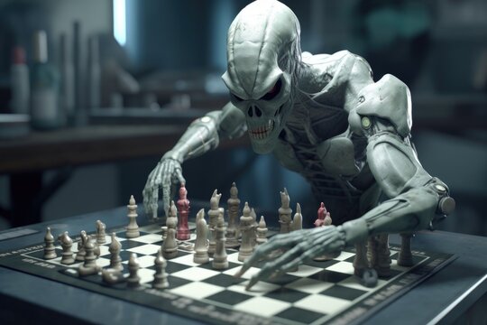 alien playing game of chess, with pieces in hand, created with generative ai