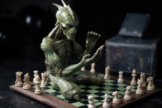 alien playing game of chess, with pieces in hand, created with generative ai