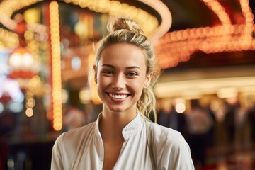 Medium shot portrait photography of a grinning girl in her 30s cooking against a bustling casino background. With generative AI technology