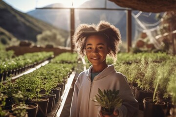Medium shot portrait photography of a glad kid female growing plants in a greenhouse against a scenic canyon background. With generative AI technology