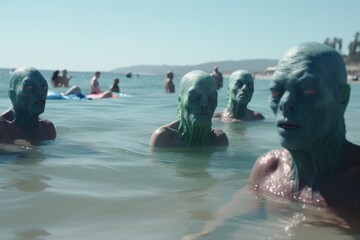 humorous mockumentary showing aliens at the beach, playing in the waves and swimming, created with generative ai