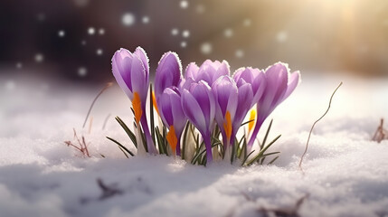 A group of purple flowers sitting in the snow. Generative AI.